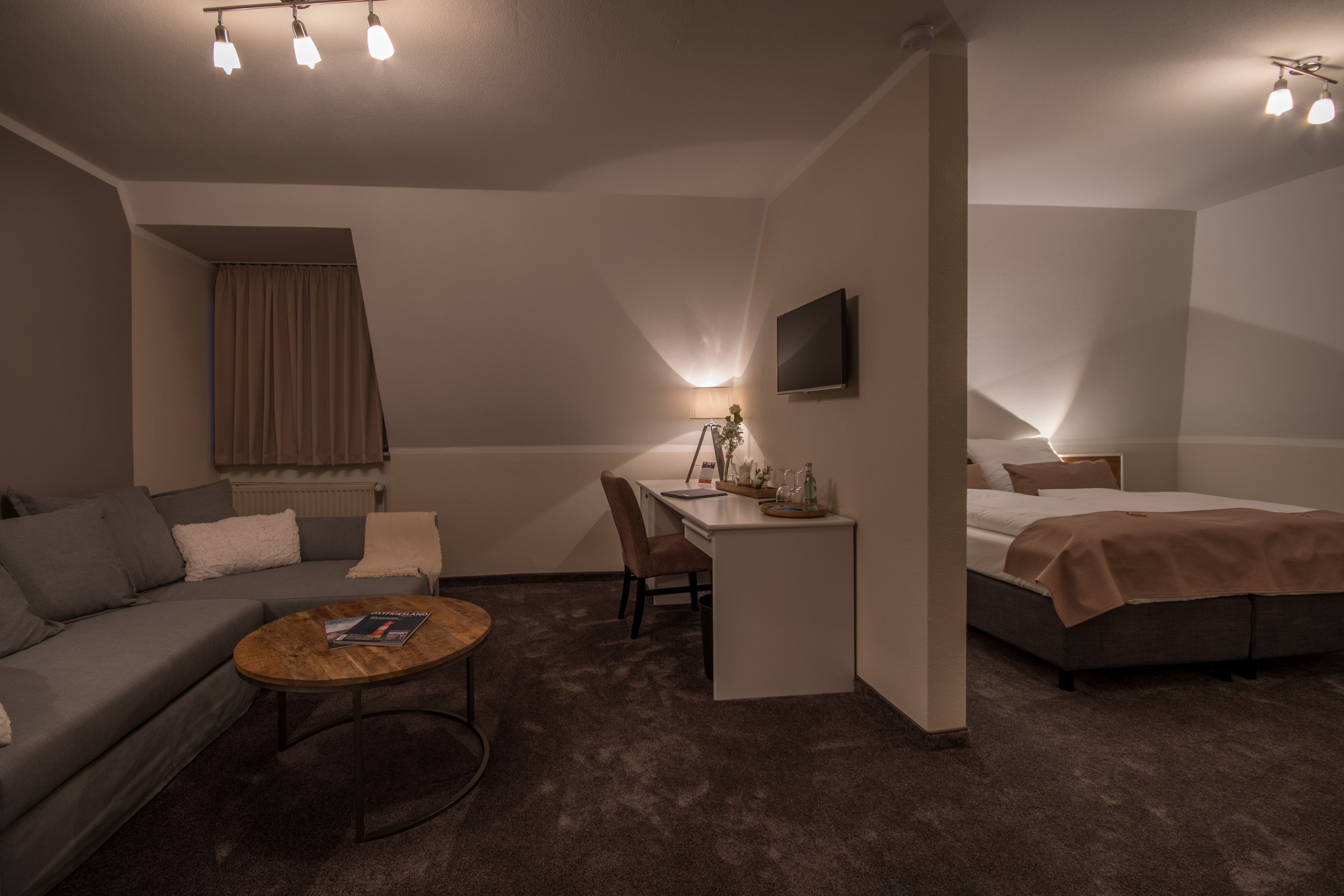 suite | desk, laptop workspace, blackout curtains, iron/ironing board