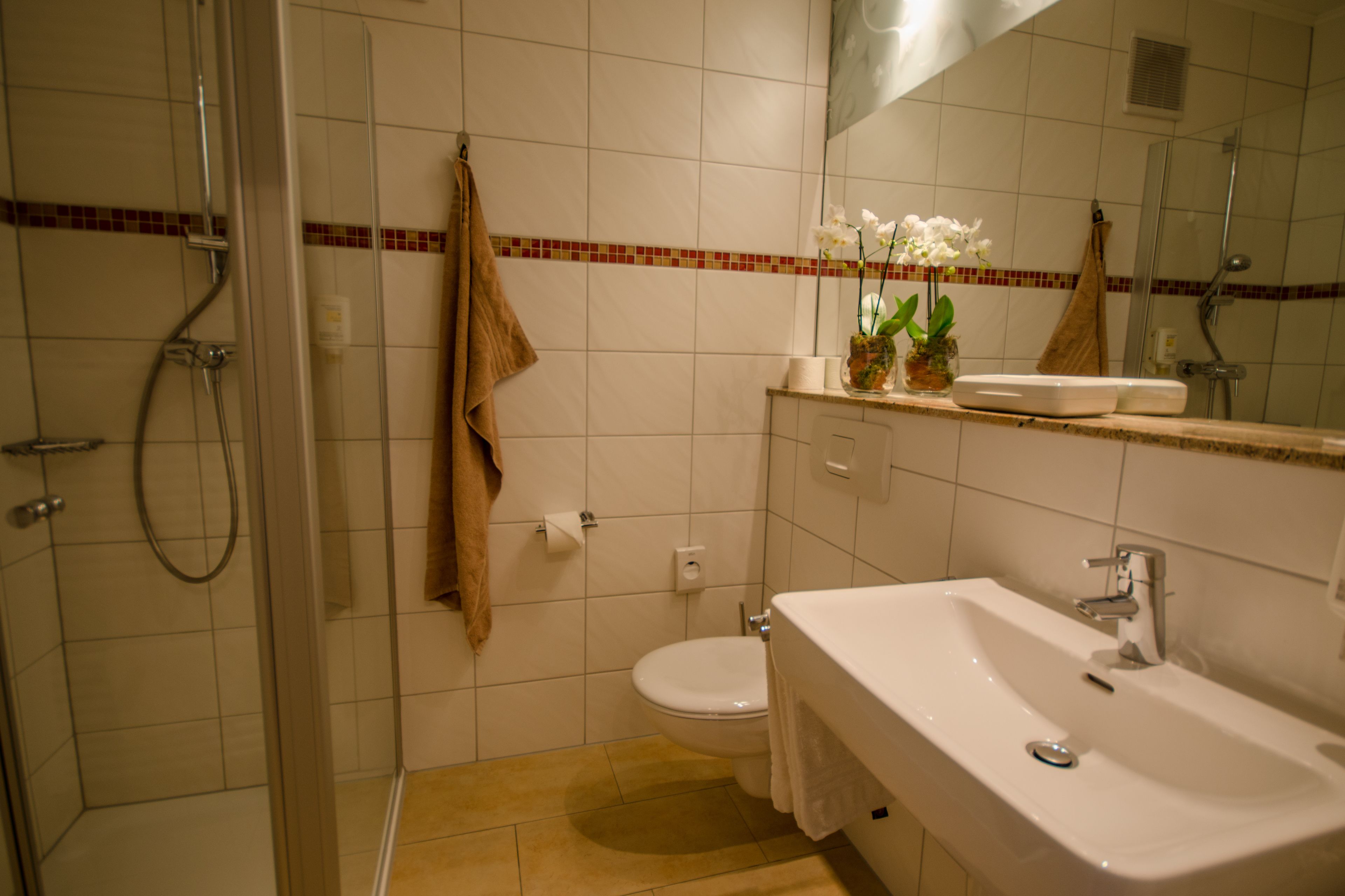 shower, free toiletries, hair dryer, towels