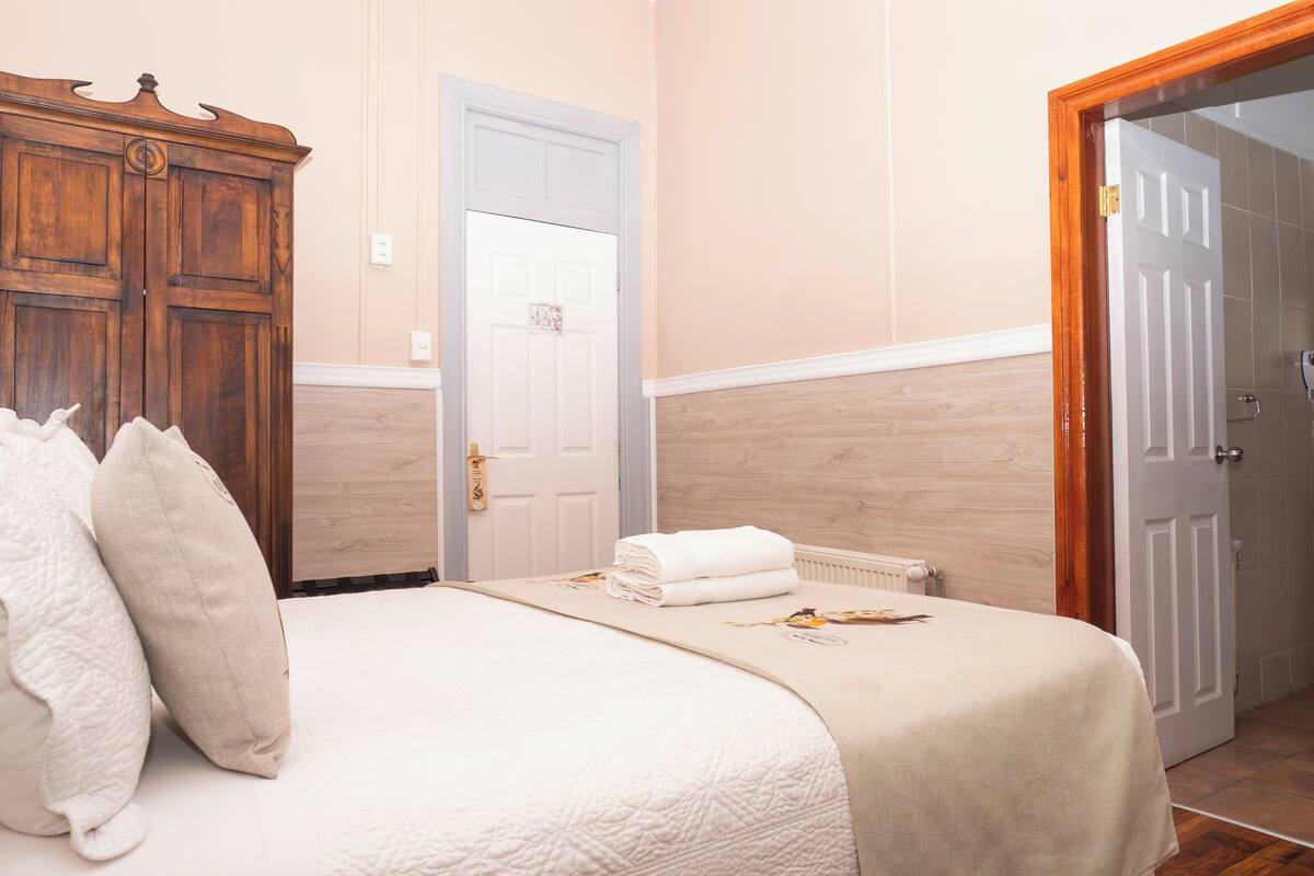 A bedroom with a bed, pillows, a wooden wardrobe, and a door.