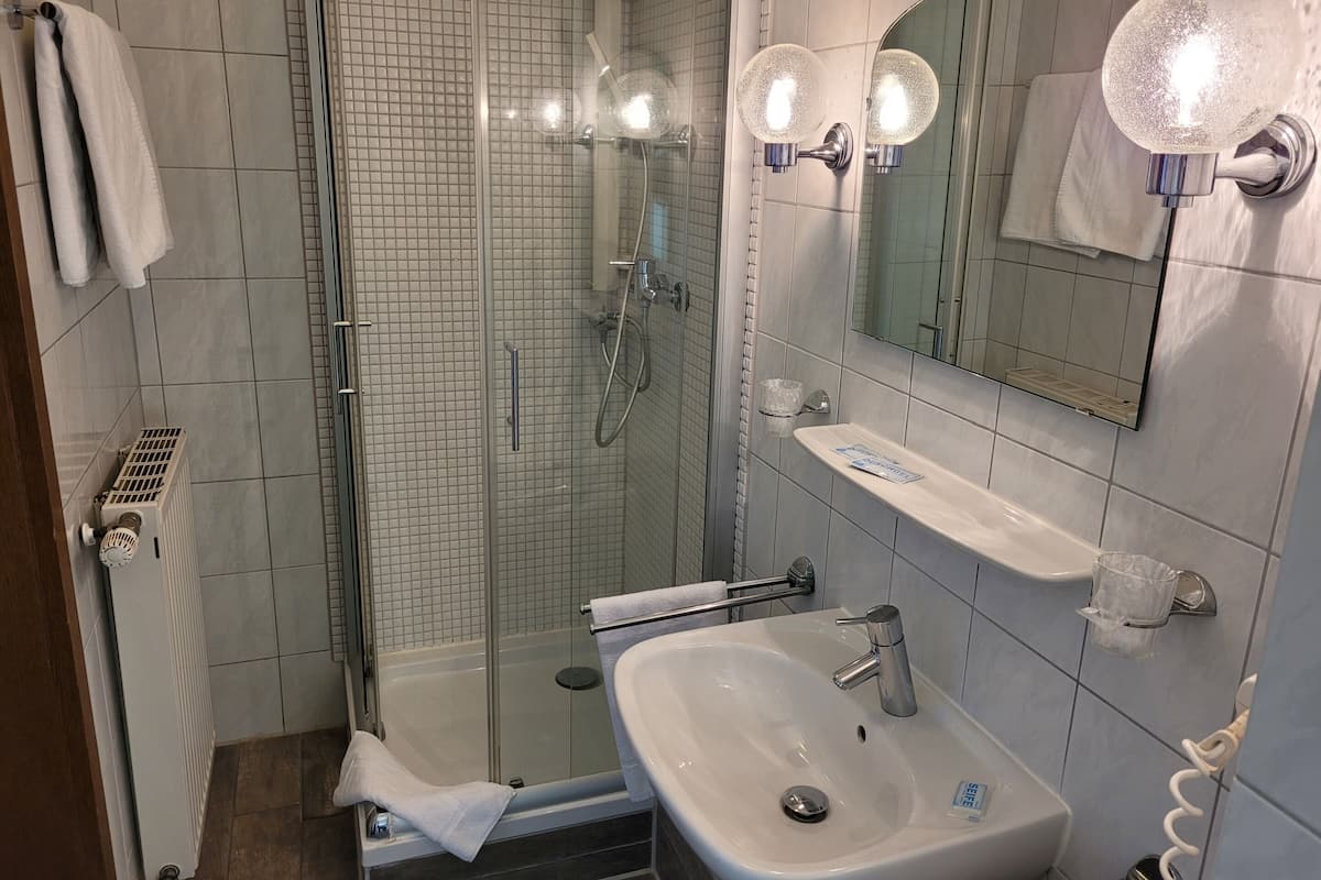 standard double room | bathroom | shower, free toiletries, hair dryer, towels