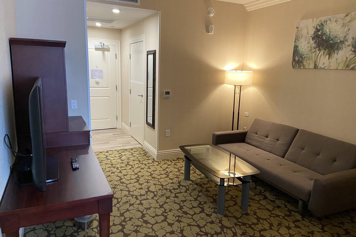 Une chambre d’hôtel avec un canapé, une table basse en verre, un téléviseur posé sur un meuble en bois, une moquette à motifs et un tableau au mur.