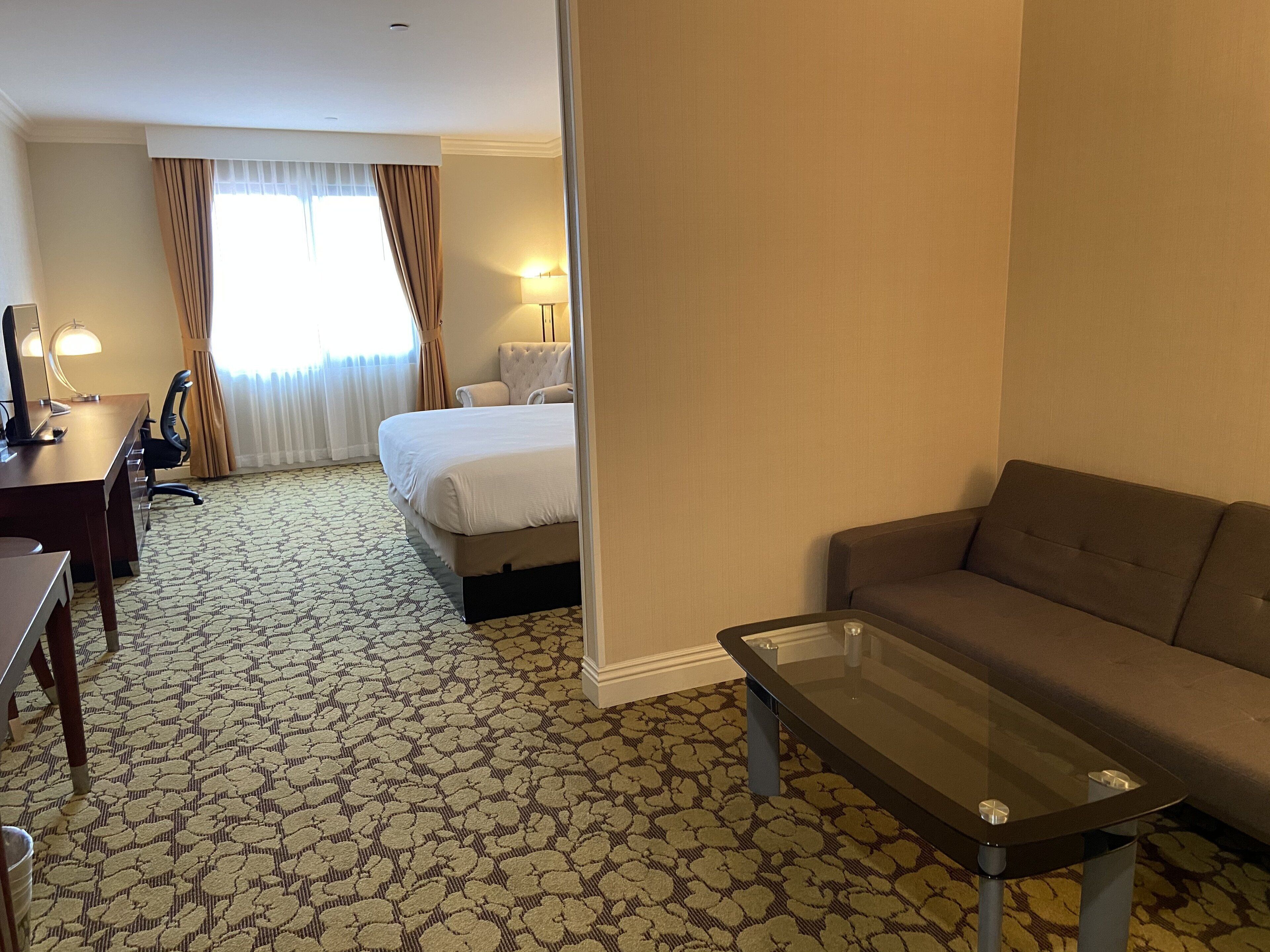 A hotel room with a bed, a sofa, a desk, and a chair.