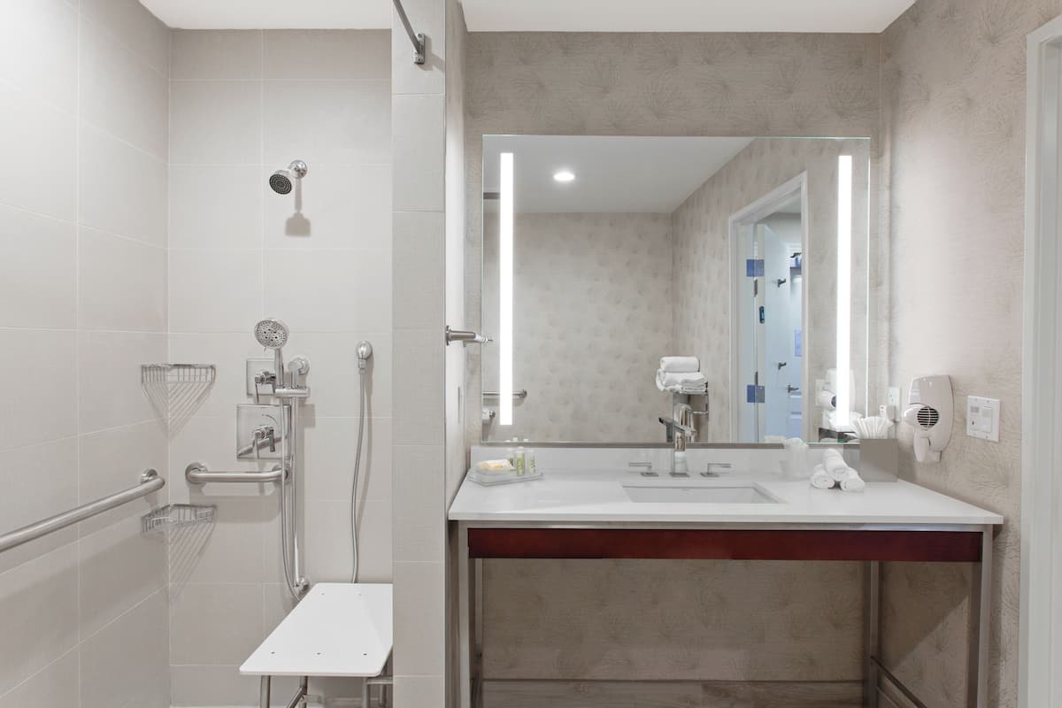 Designer toiletries, hair dryer, towels