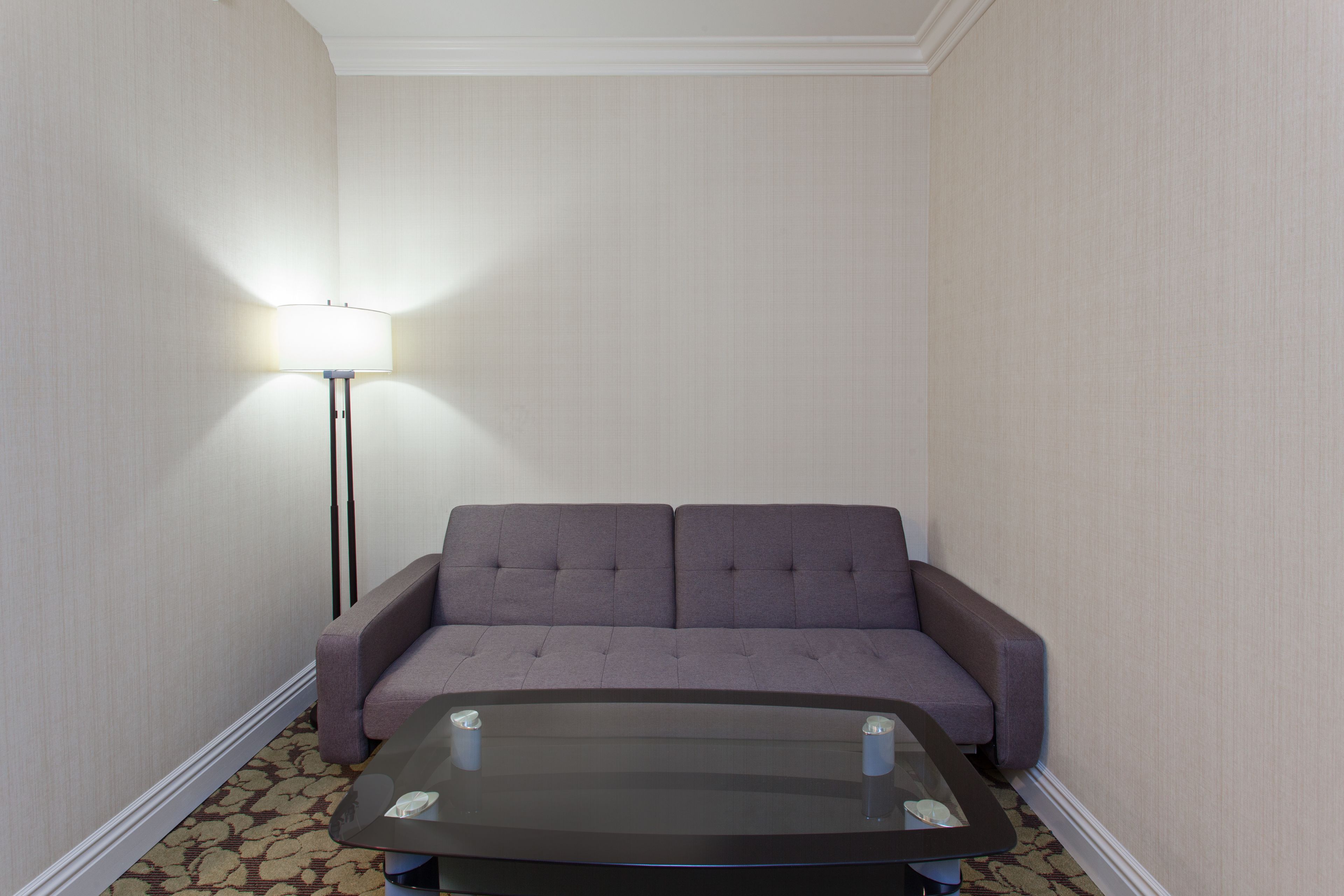 Una habitación con un sofá y una mesa de centro de vidrio.
