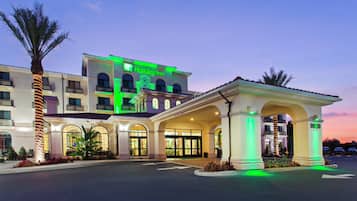 A multi-story Holiday Inn with a prominent green sign, a covered entrance, and a palm tree in the foreground.