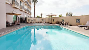 Una piscina con sillas de descanso y sombrillas, rodeada por un edificio con balcones y una palmera.