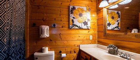 Un baño de cabaña de madera con inodoro, lavabo y espejo con iluminación.