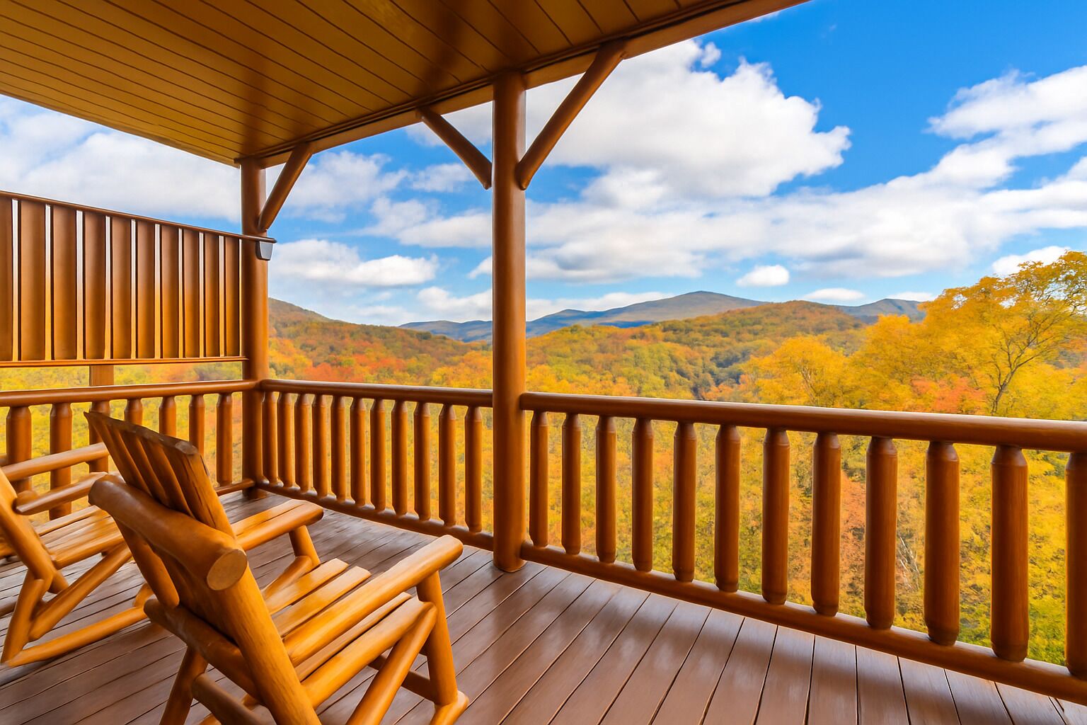Terraza de madera con vistas a follaje otoñal y montañas.