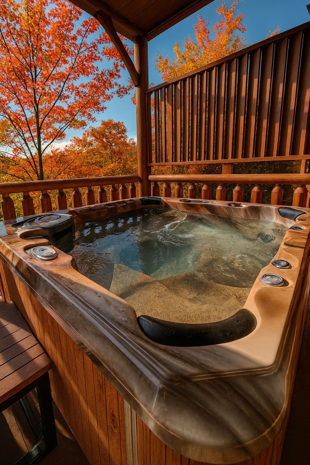 A hot tub on a wooden deck with a view of autumn trees.