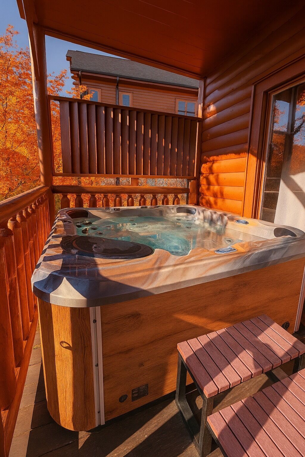 A hot tub on a wooden deck with a view of a house in the background.