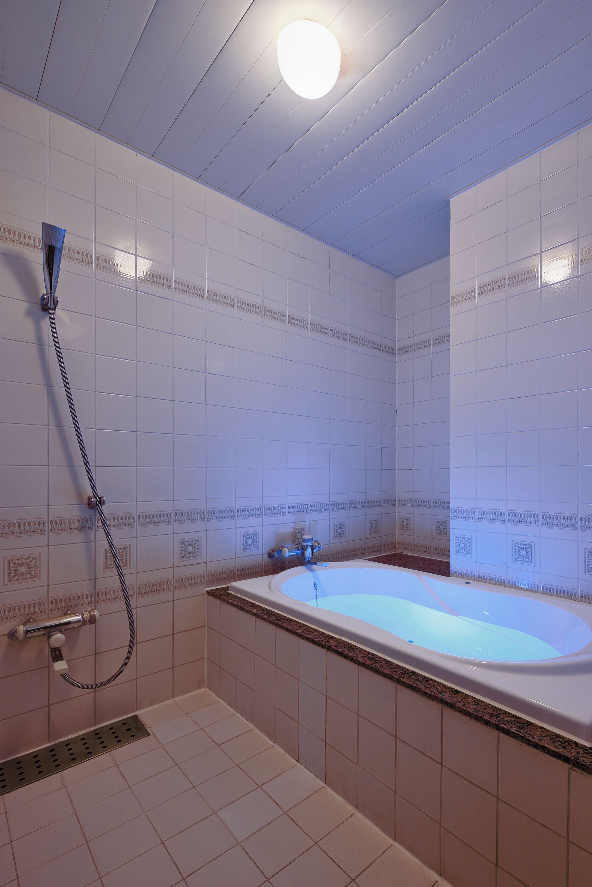 Un baño con bañera, ducha y suelo de baldosas.