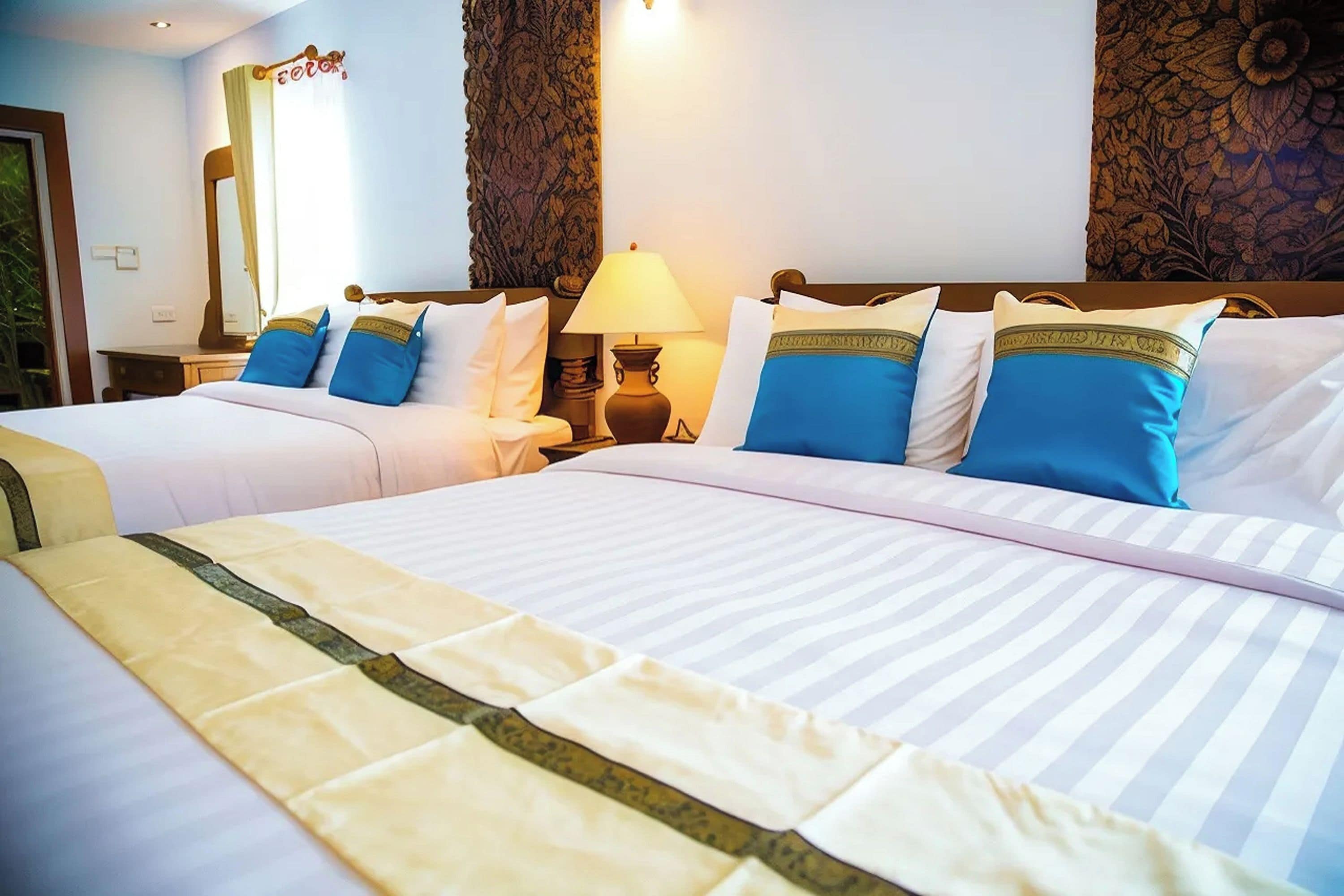 A hotel room with two beds, a nightstand, a lamp, and a mirror.