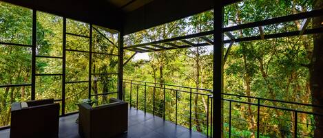 Una habitación moderna con ventanas amplias que dan a un bosque frondoso.