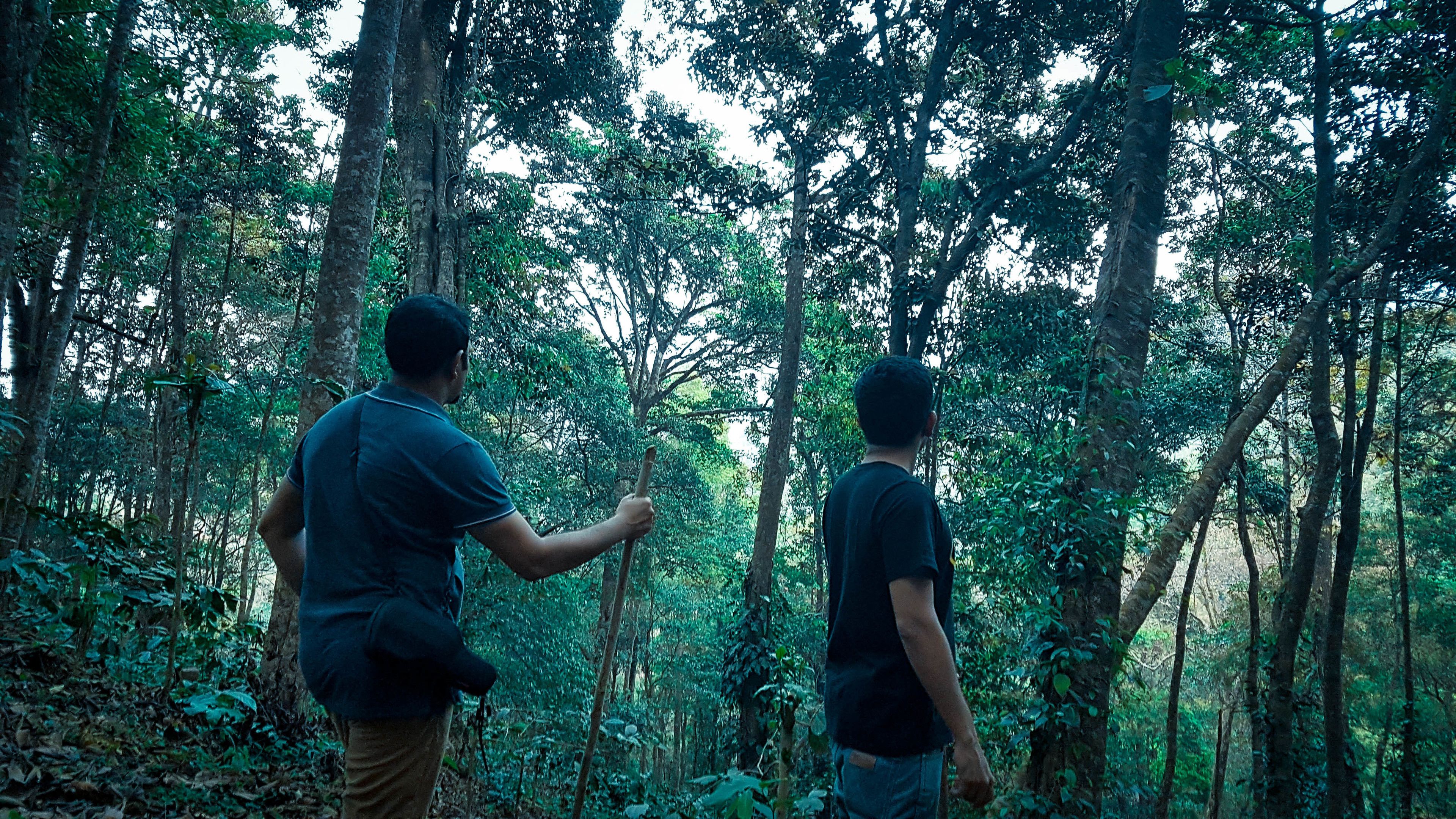 Two individuals in a forested area.