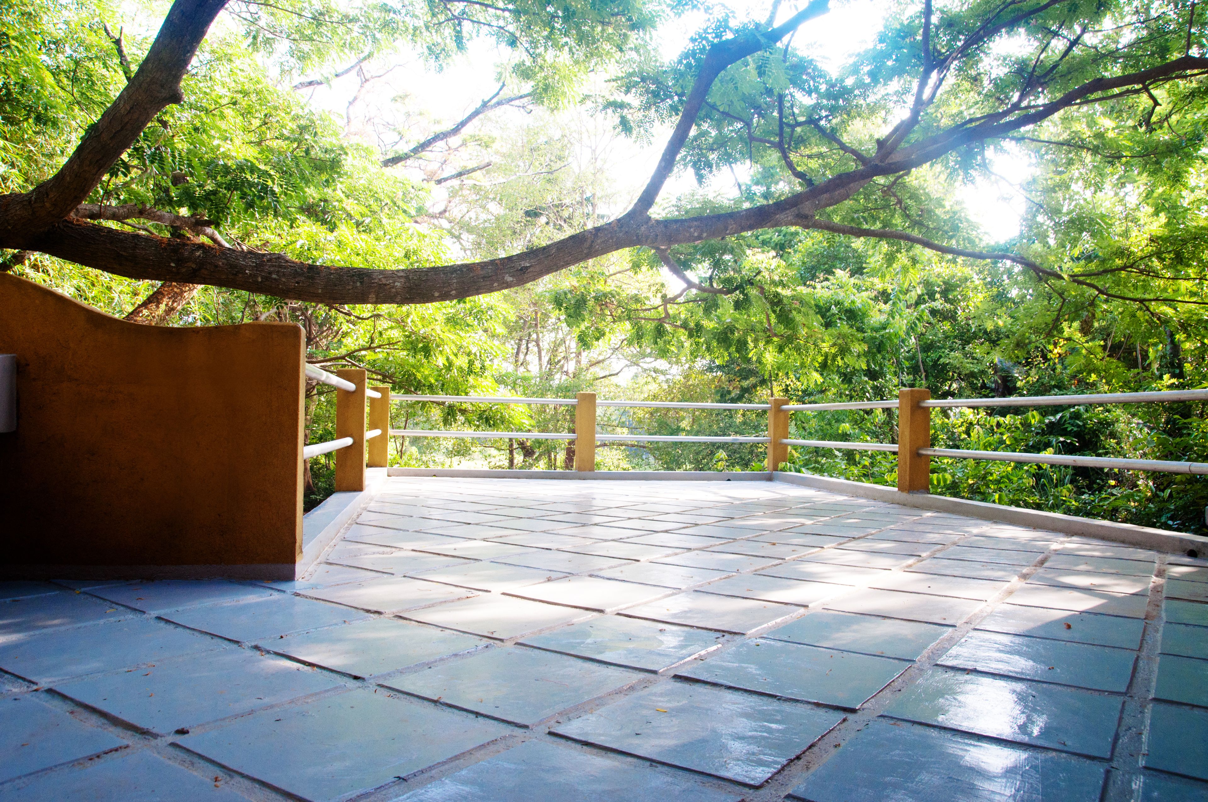 A covered outdoor area with tiled flooring, a wooden railing, and a view of lush green trees.