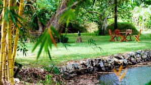 Un jardin paisible avec un étang, des bambous et un espace détente comprenant des chaises et une table en bois.