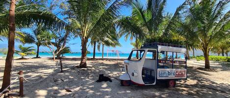 A beachside tuk-tuk with a sign reading "SAI GON CON DAO" parked on sandy ground, surrounded by palm trees and a clear blue sky.