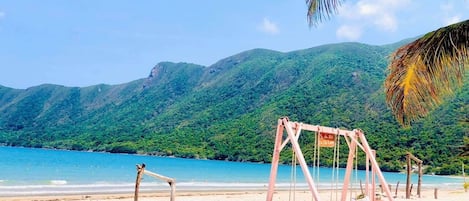 On the beach, white sand, beach bar