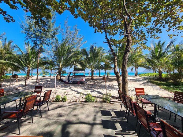 On the beach, white sand, beach bar