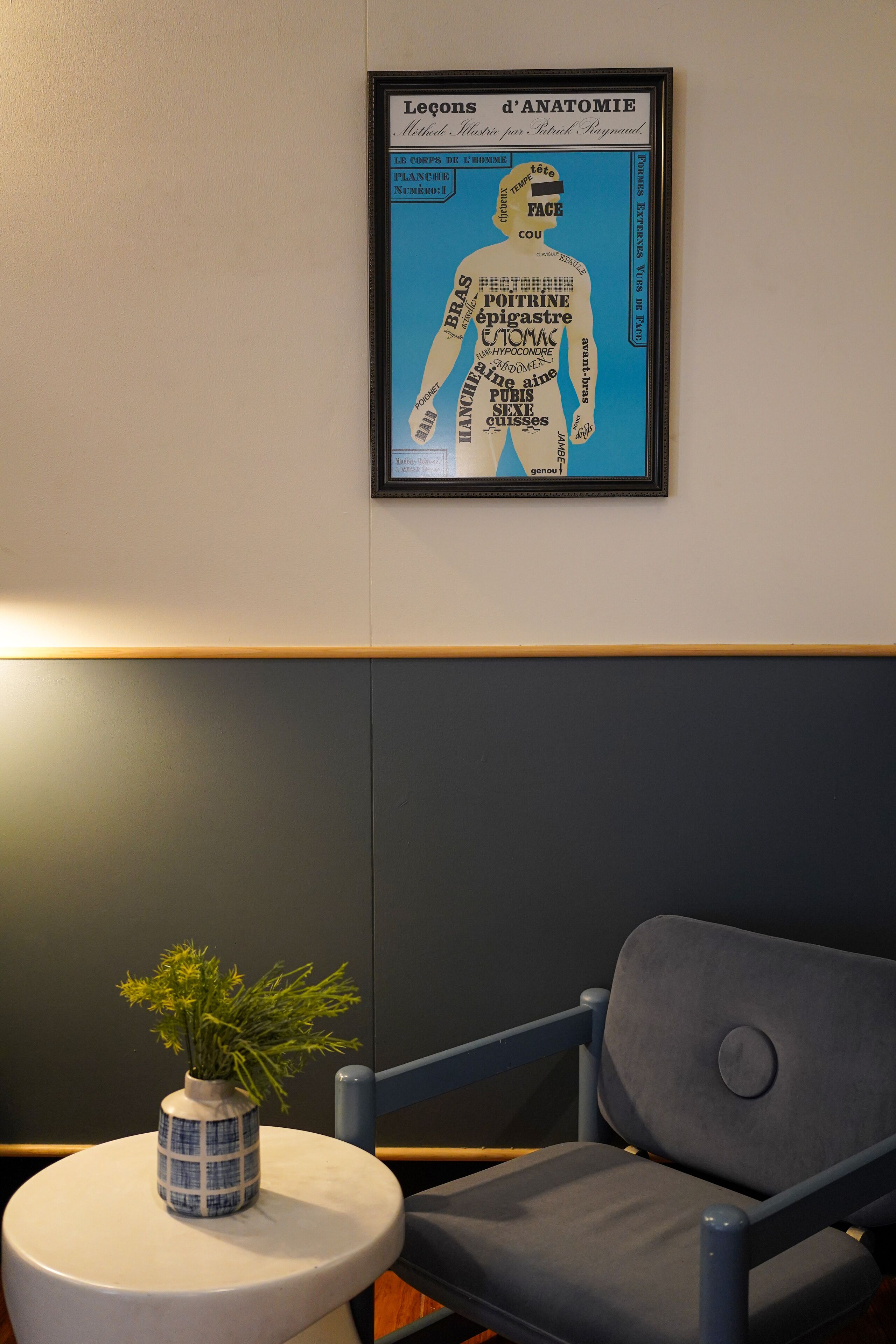A framed anatomical poster on a wall, a blue chair, and a small table with a vase of flowers.