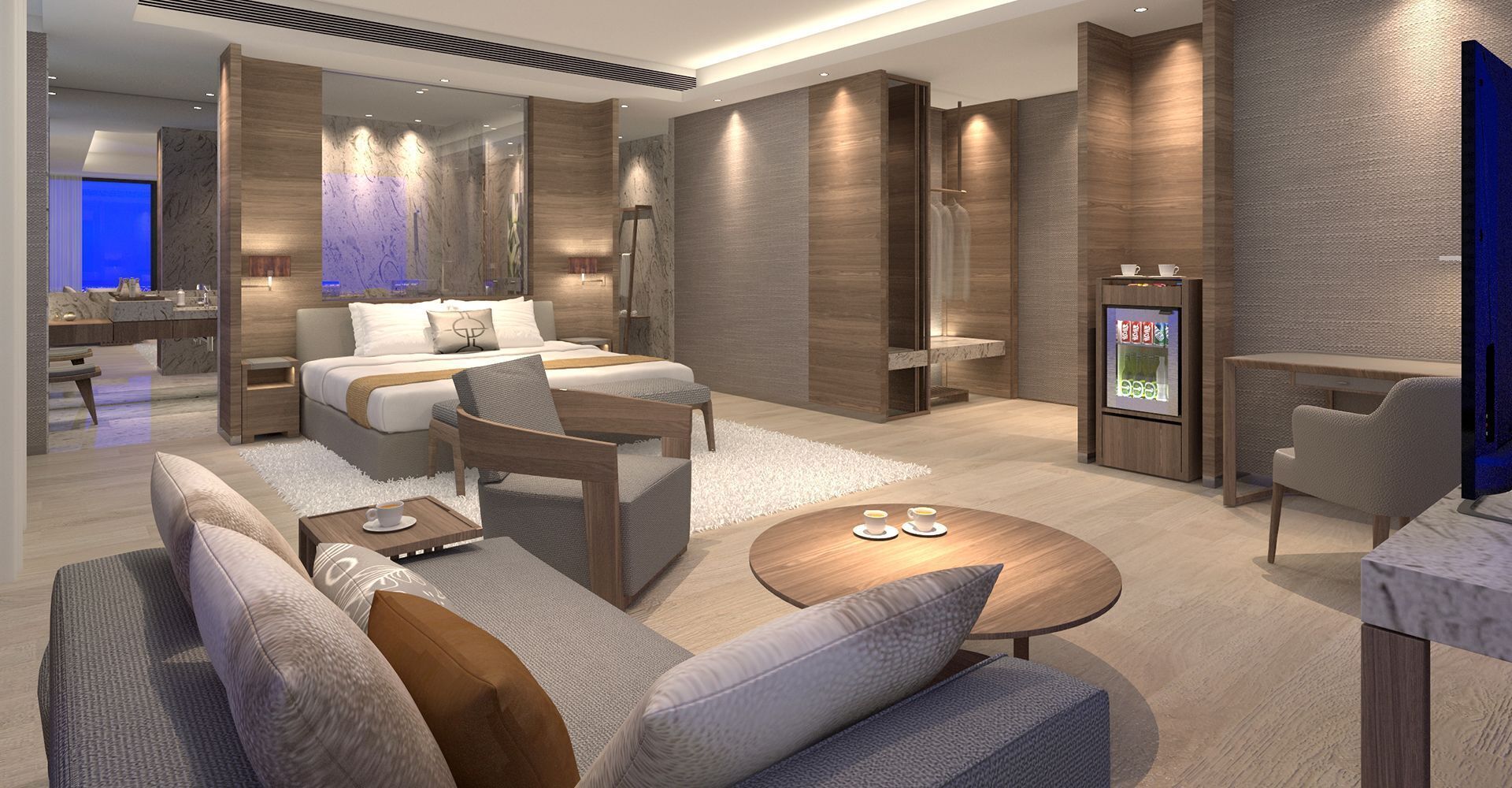 Ropa de cama de alta calidad, cubrecamas y minibar 