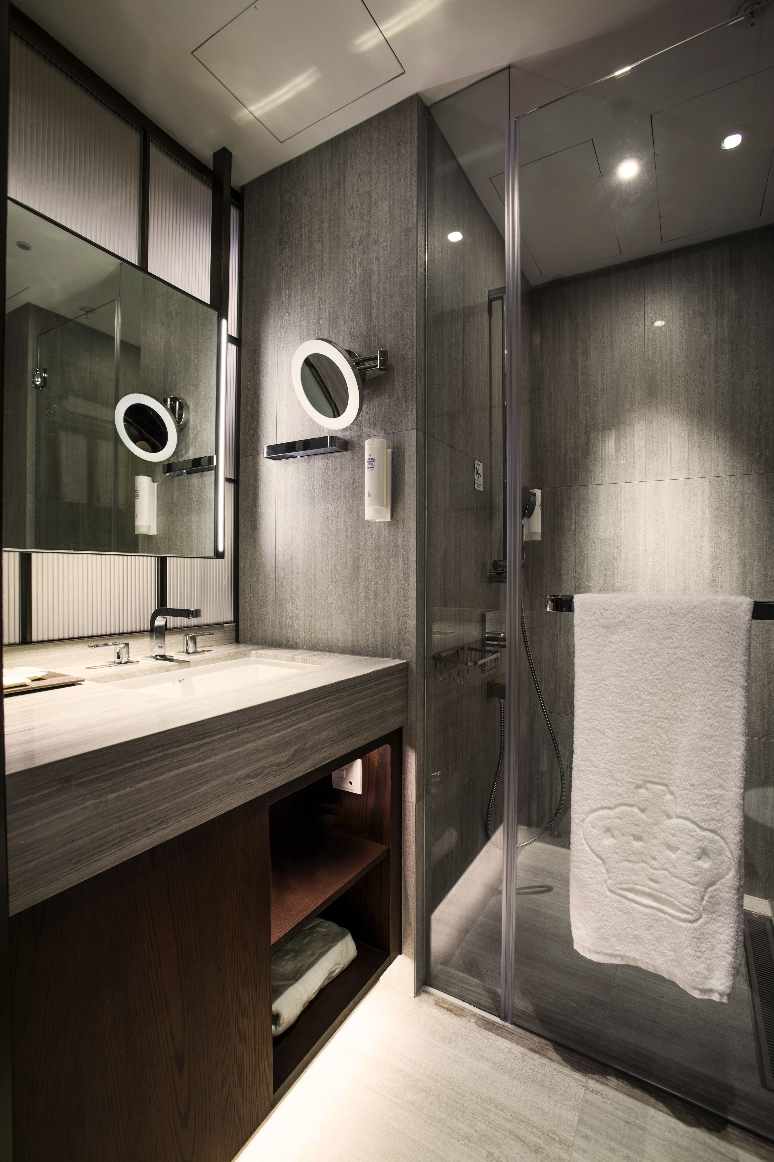 A modern bathroom with a glass-enclosed shower, a large mirror, and a wooden vanity.