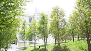 A modern building with a flat roof and large windows, surrounded by a grassy area with several trees. - Xianel Vacation Chateau (Dahu)