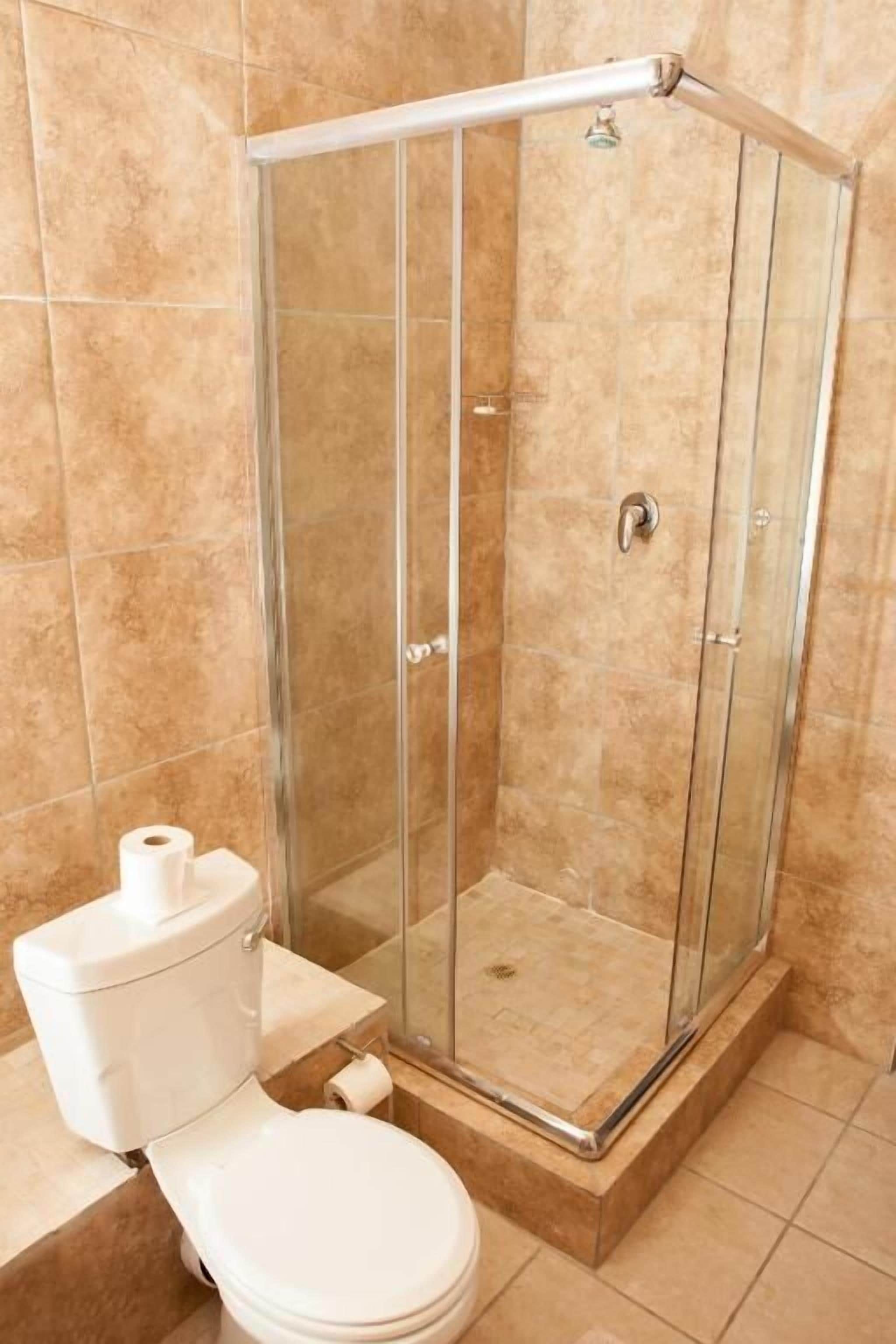 Une salle de bain avec une douche à parois de verre, des toilettes et un rouleau de papier toilette posé sur le sol.
