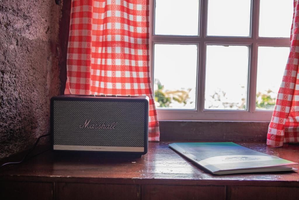 A vintage Marshall amplifier on a wooden surface near a window with checkered curtains.