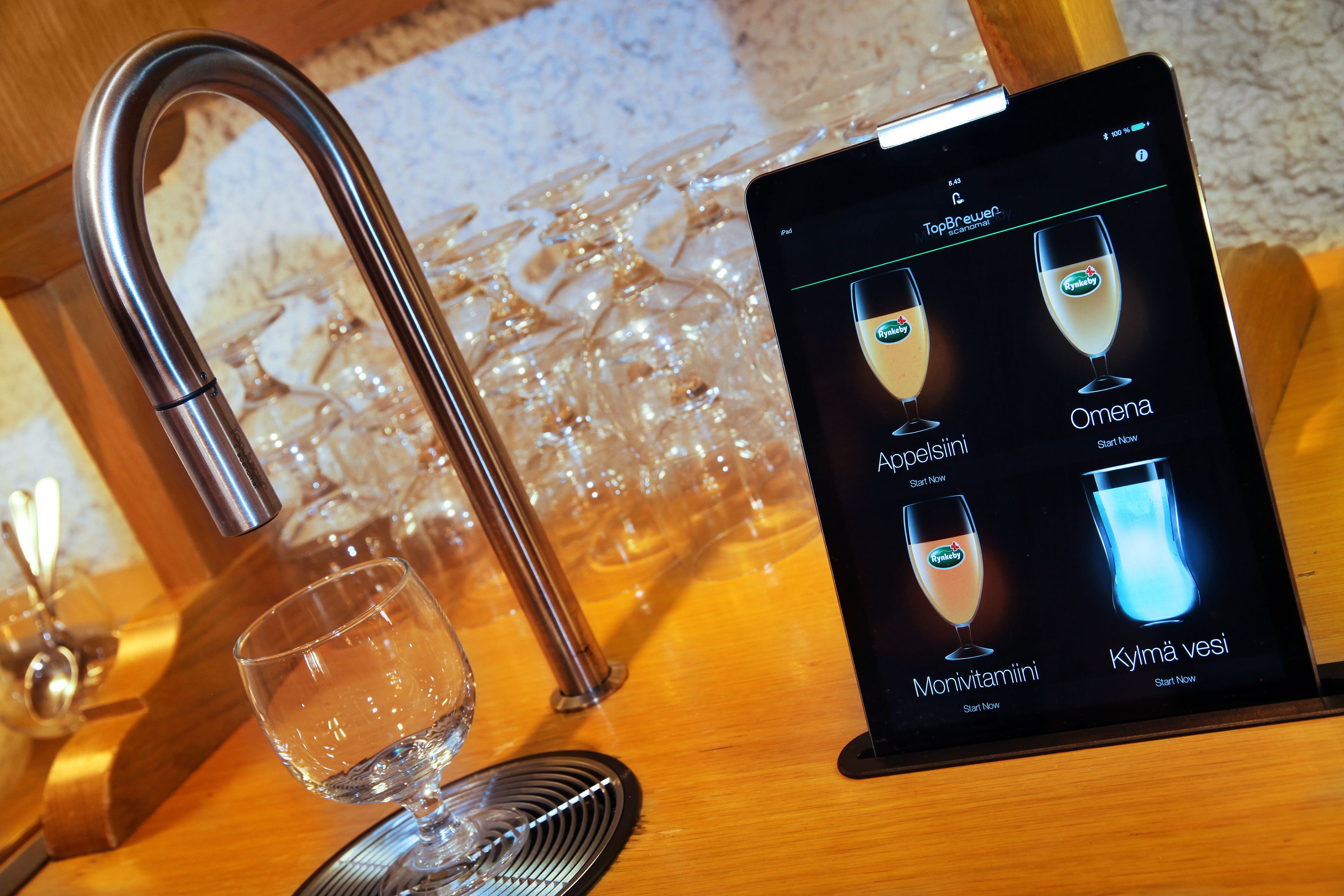 A tablet displaying a menu with various drink options.