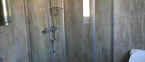 Een douchecabine met een glazen deur, een toilet en een wastafel.