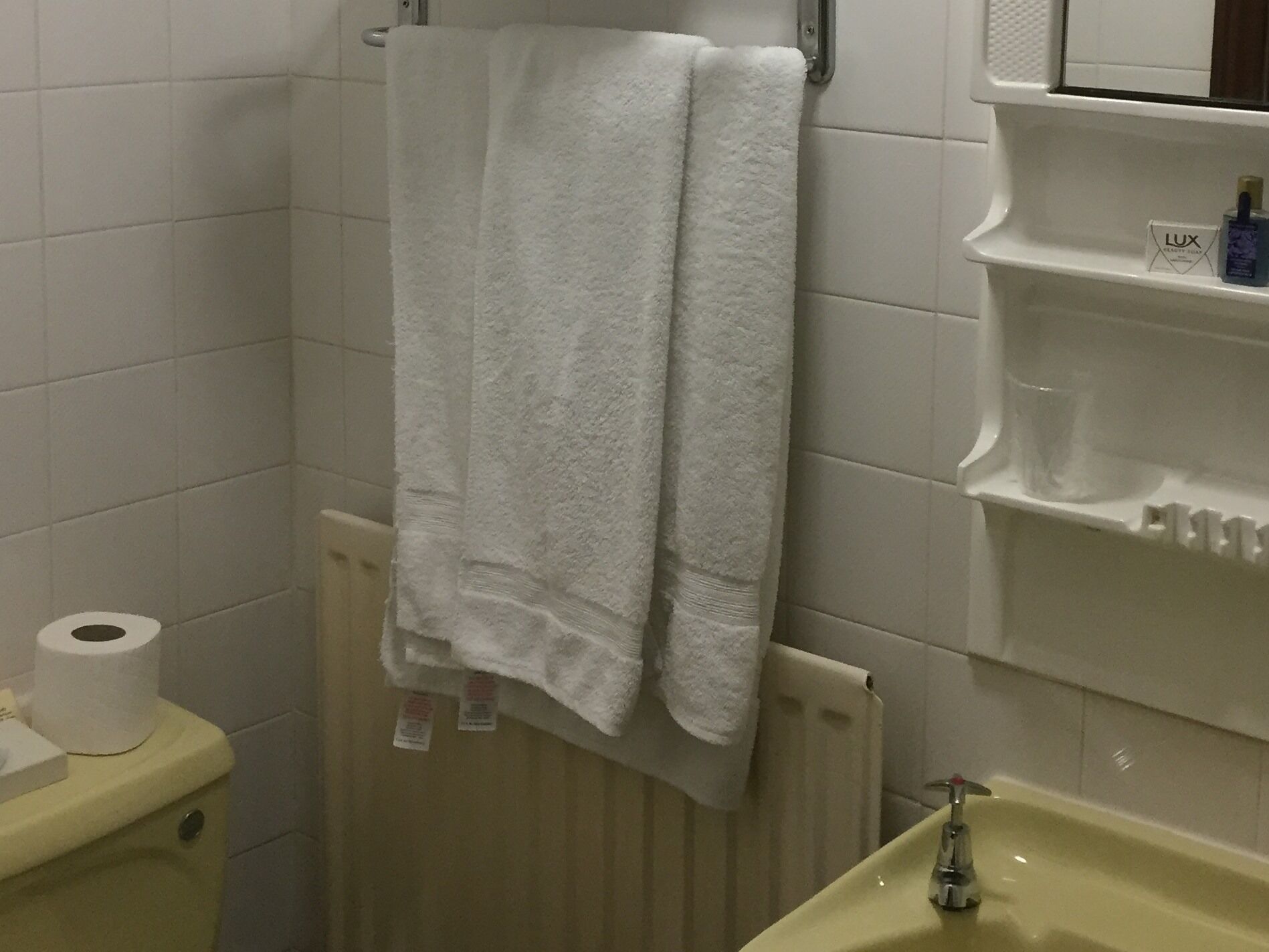A bathroom with a white towel hanging on a rack, a toilet paper roll, and a sink with a mirror above it.