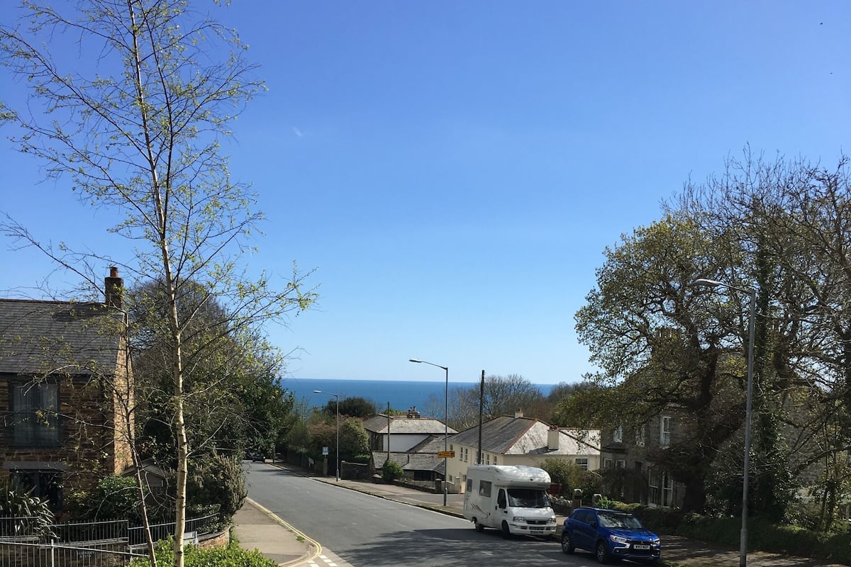 A residential street with houses, a white camper van, and a blue car parked on the side.