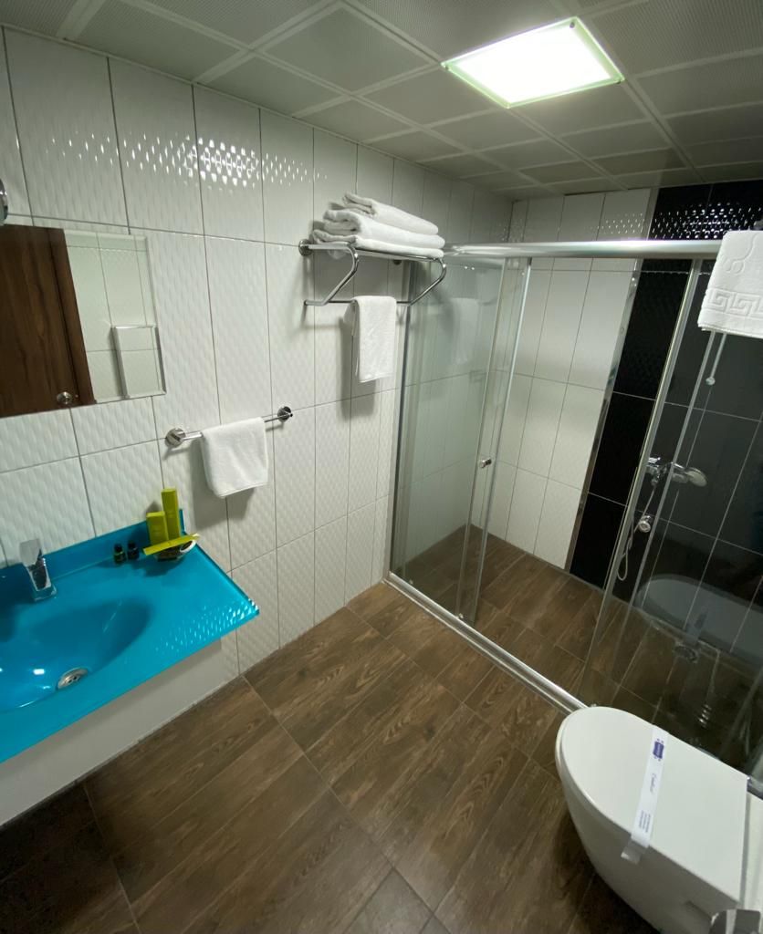 A bathroom with a blue sink, a glass shower enclosure, and a white toilet.