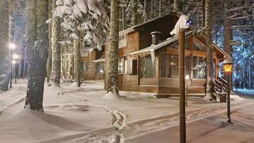 A snow-covered lodge with wooden cabins and a clear path leading to the entrance.