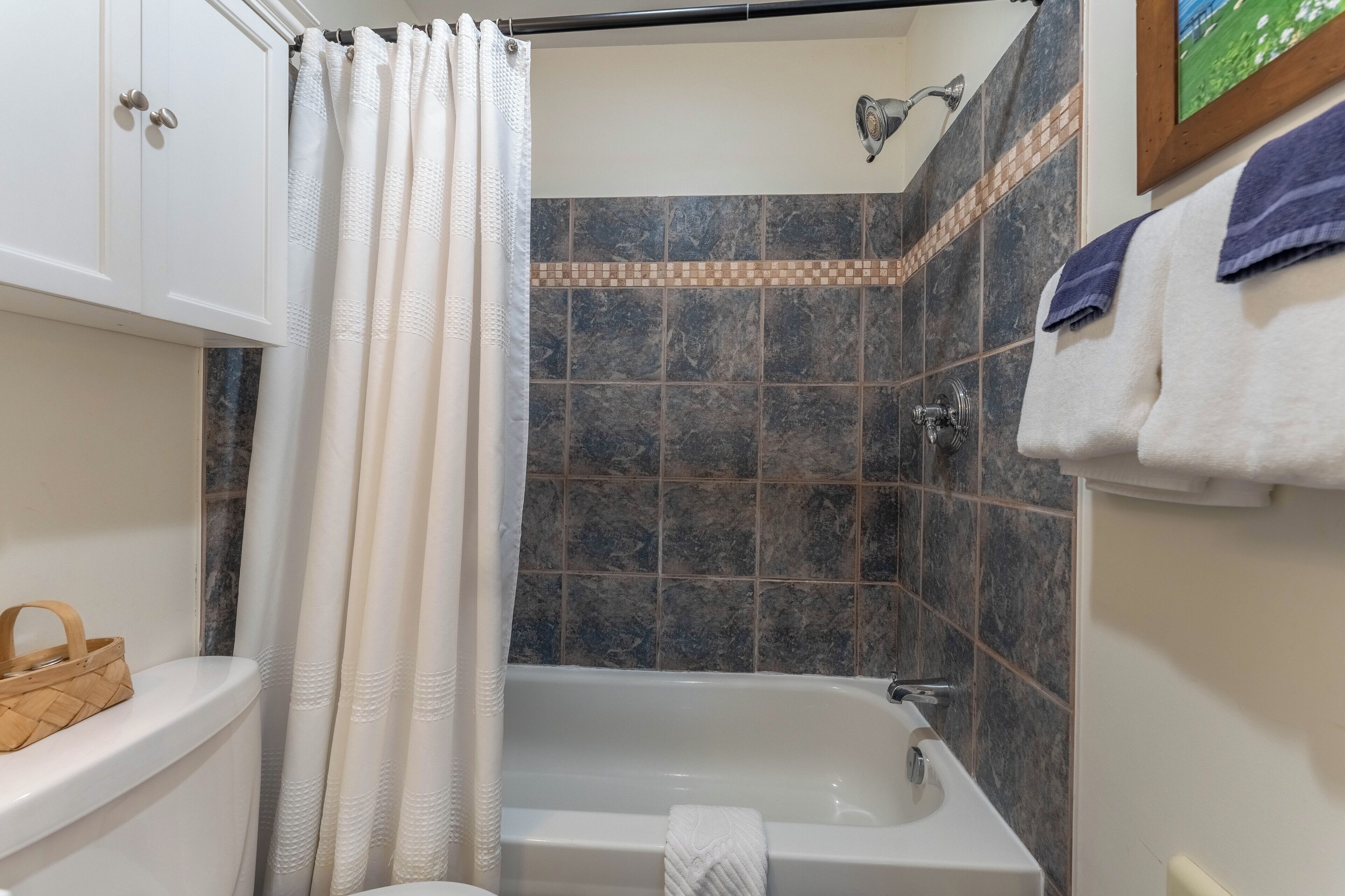 Un bagno con vasca, doccia e WC. C'è un cesto sul WC e un portasciugamani con asciugamani.