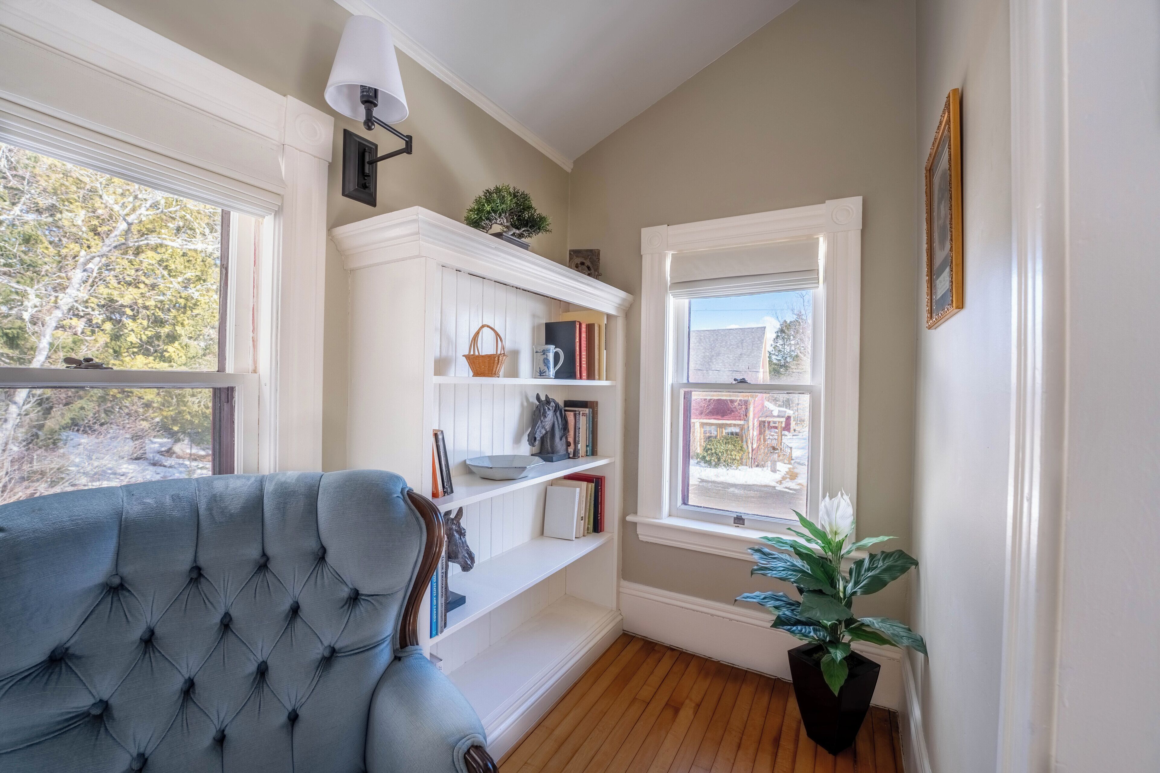 A room with a blue upholstered sofa, a white built-in bookshelf, a potted plant, and a window with a view of a snowy landscape.