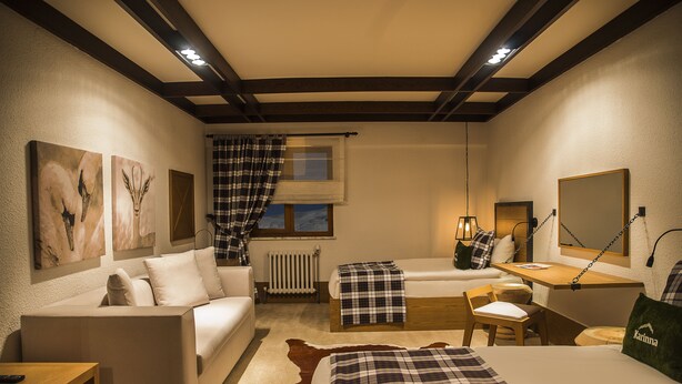 Une chambre d’hôtel confortable, équipée d’un canapé, d’un lit, d’un bureau et d’une chaise.
