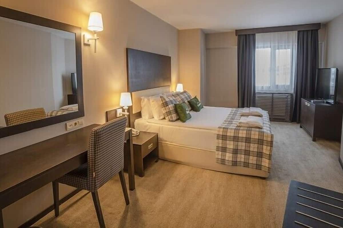 Une chambre d’hôtel avec un lit, un bureau, une chaise, une télévision et un grand miroir.