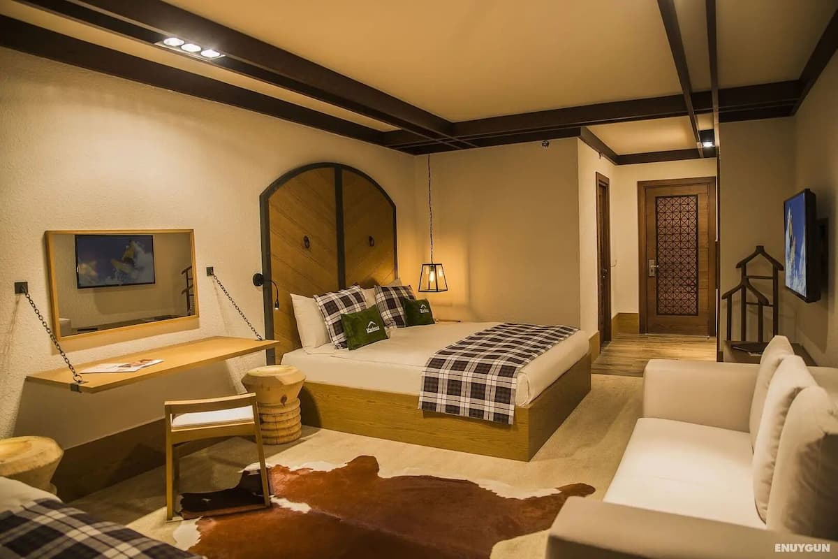 Une chambre à coucher comprenant un lit, un bureau, une télévision et un tapis en peau de vache.