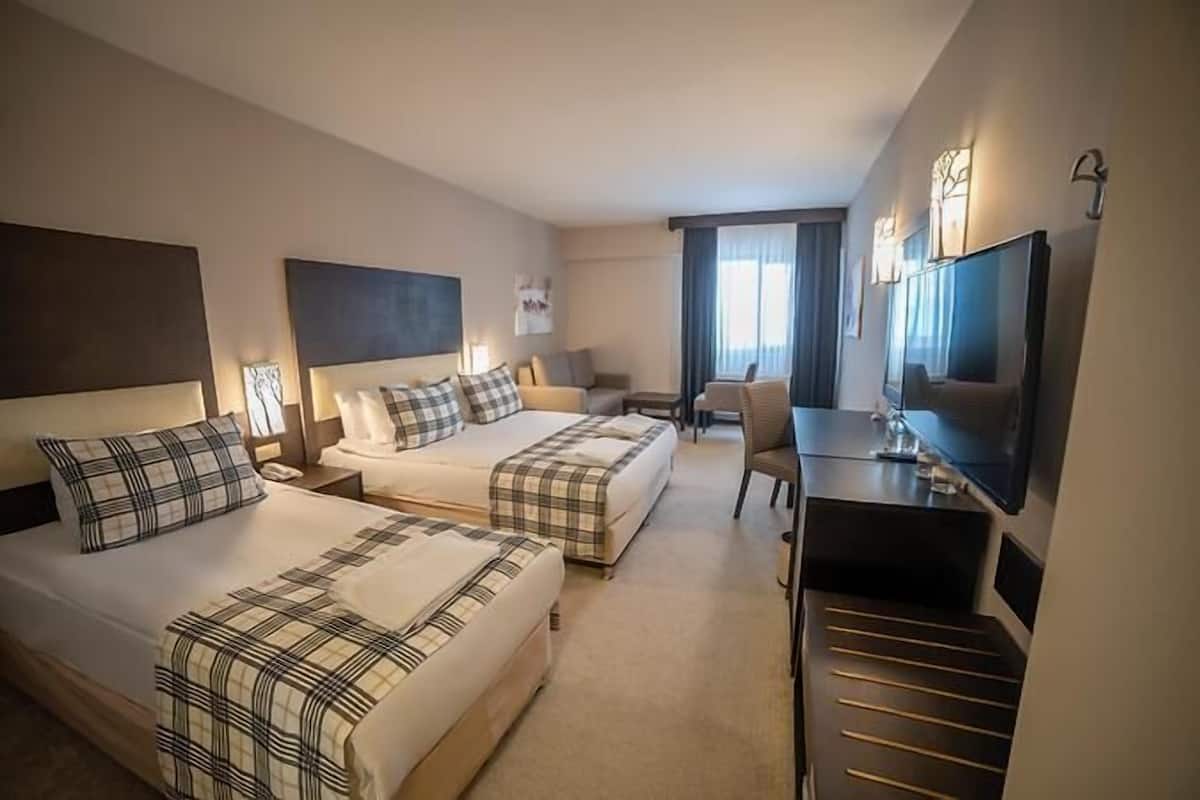 Une chambre d’hôtel avec deux lits, un bureau, une chaise, une télévision et une fenêtre avec des rideaux.