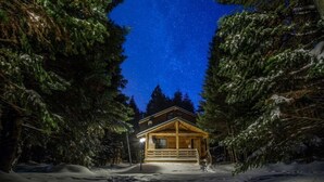 A cabin surrounded by snow-covered trees under a starry night sky. - Uludag Orman Koskleri (Bursa)