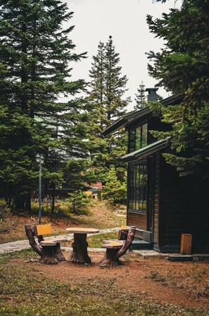 A wooden cabin with a glass door, surrounded by tall trees and a small outdoor seating area with wooden stools. - Uludag Orman Koskleri (Bursa)