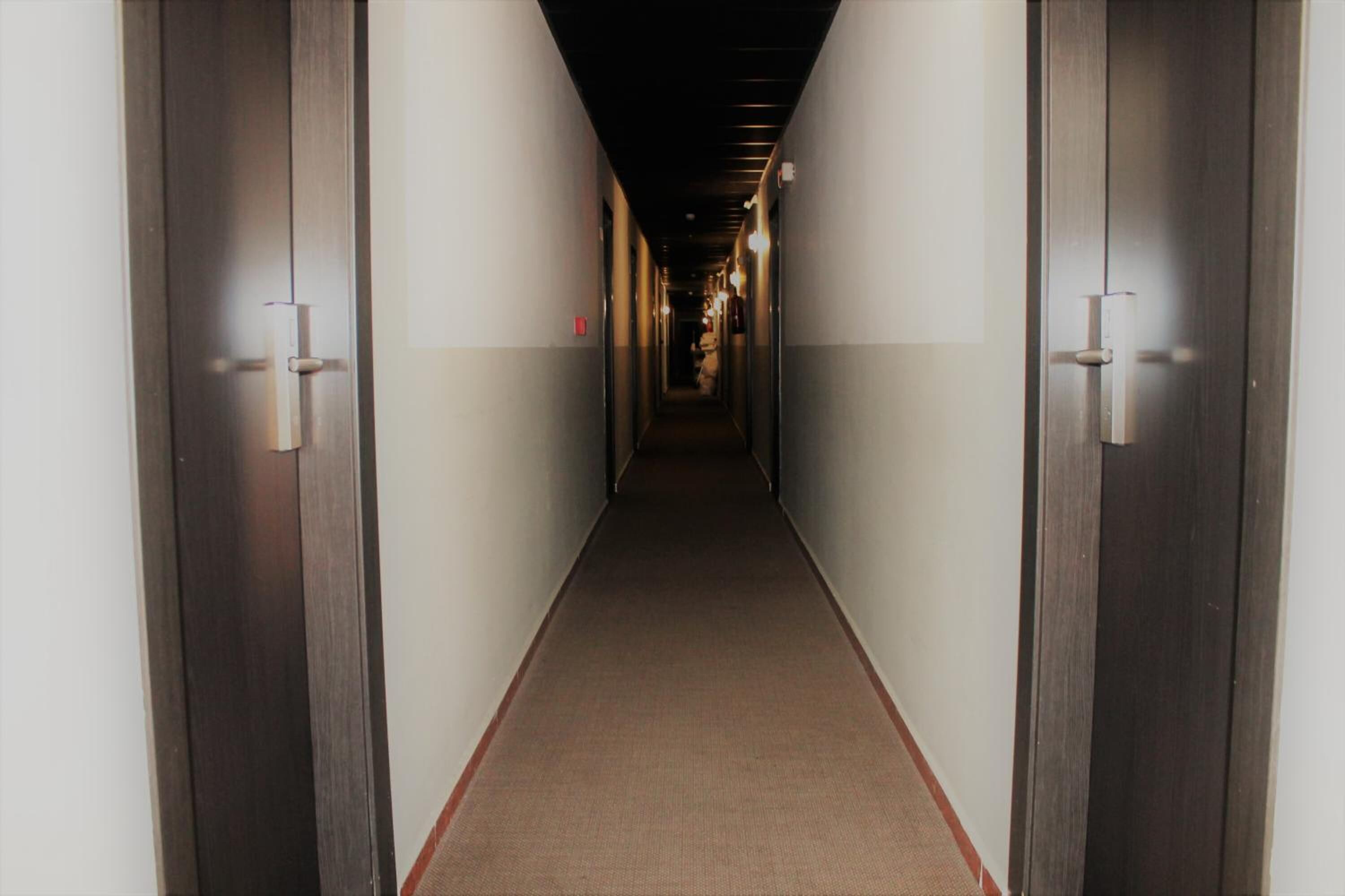 Un pasillo estrecho con alfombra, con puertas de madera a ambos lados, que conduce a un extremo oscuro.