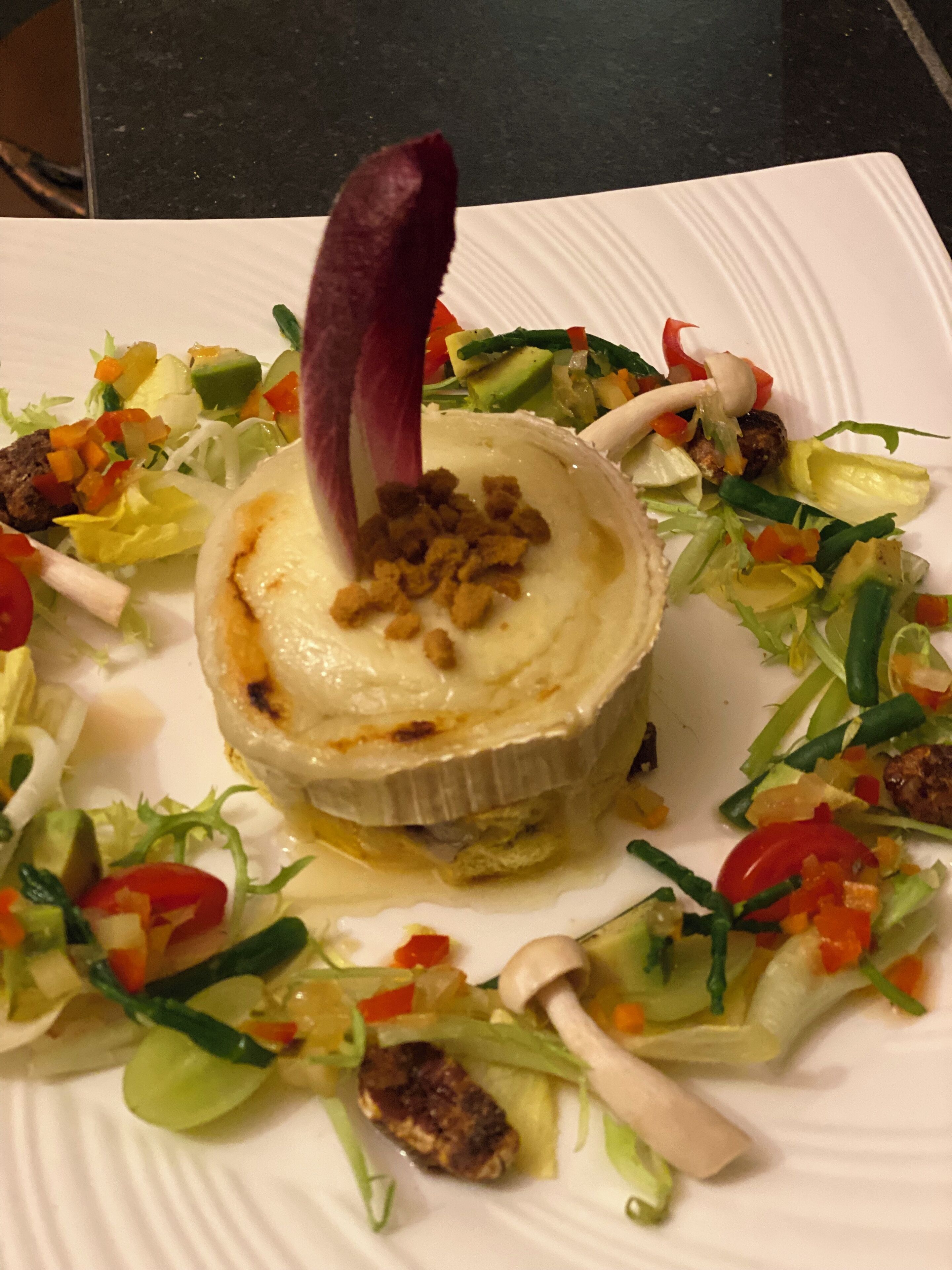 A white plate with a baked dish surrounded by a colorful salad.