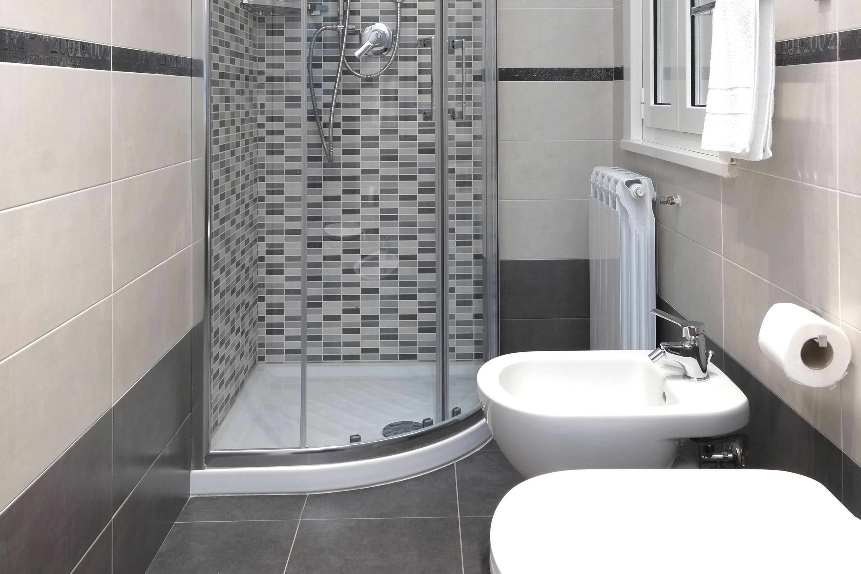 A modern bathroom with a glass shower enclosure, a white sink, and a toilet.