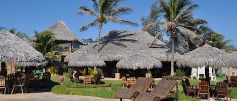 Piscine extérieure, parasols de plage, chaises longues