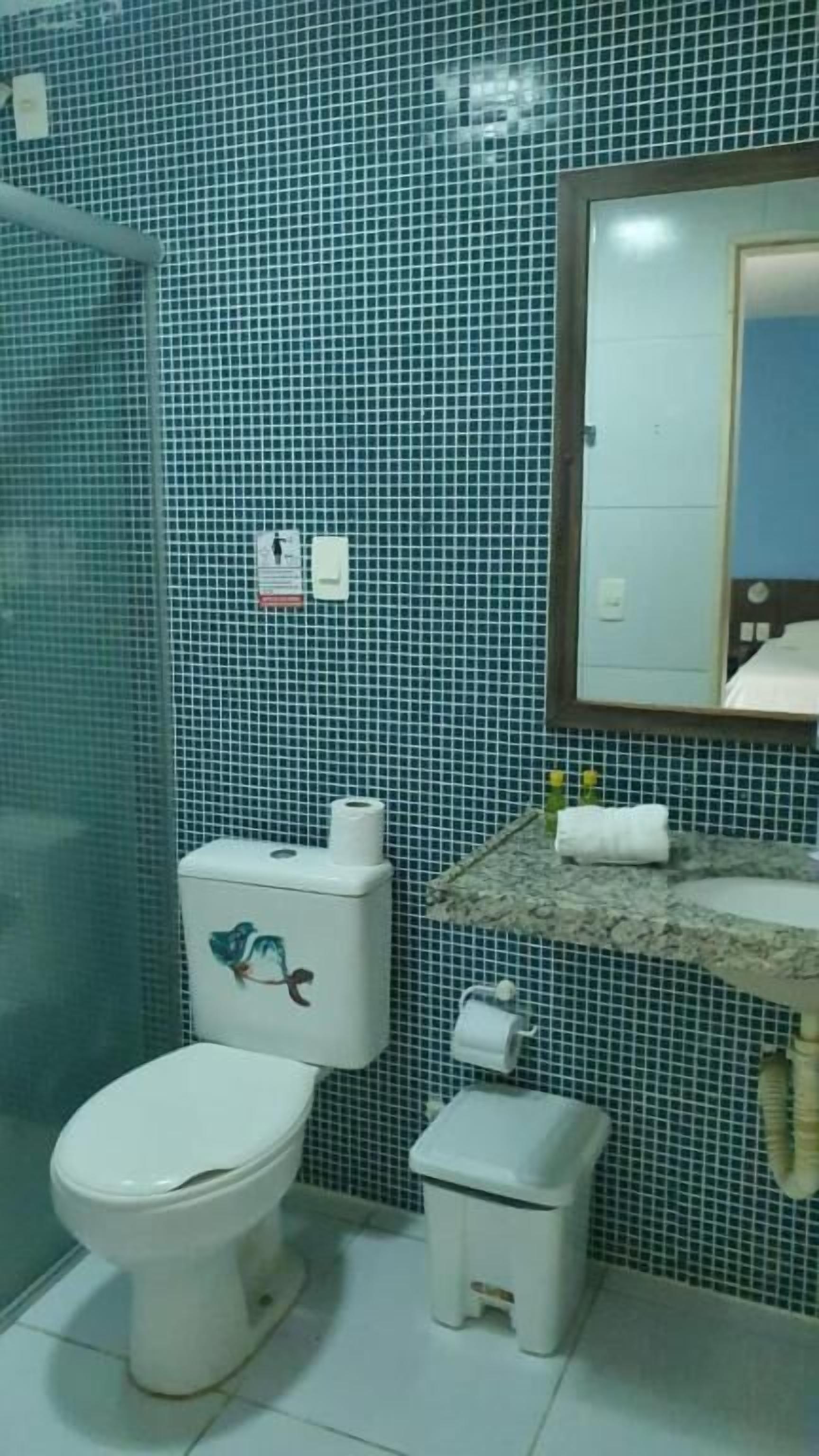 Een badkamer met toilet, een klein prullenbakje en een wastafel met spiegel erboven.