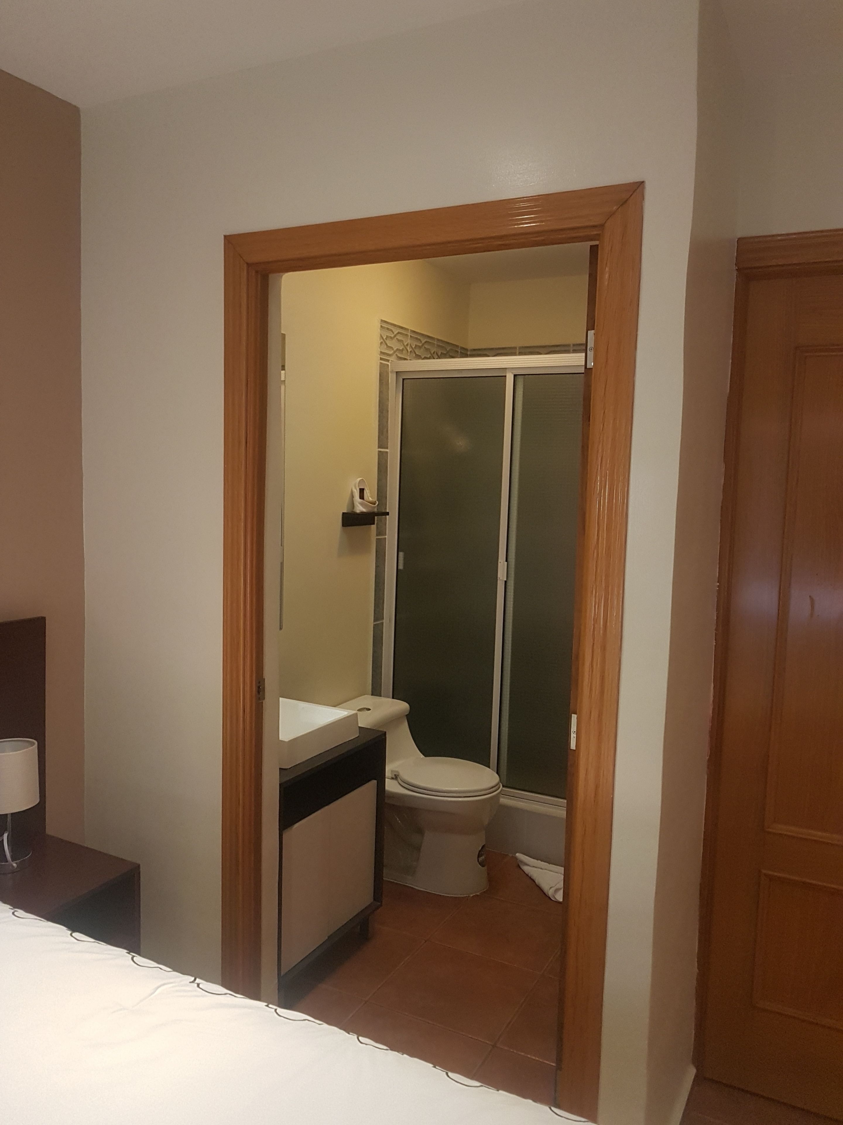 A bathroom with a toilet, a sink, and a shower.