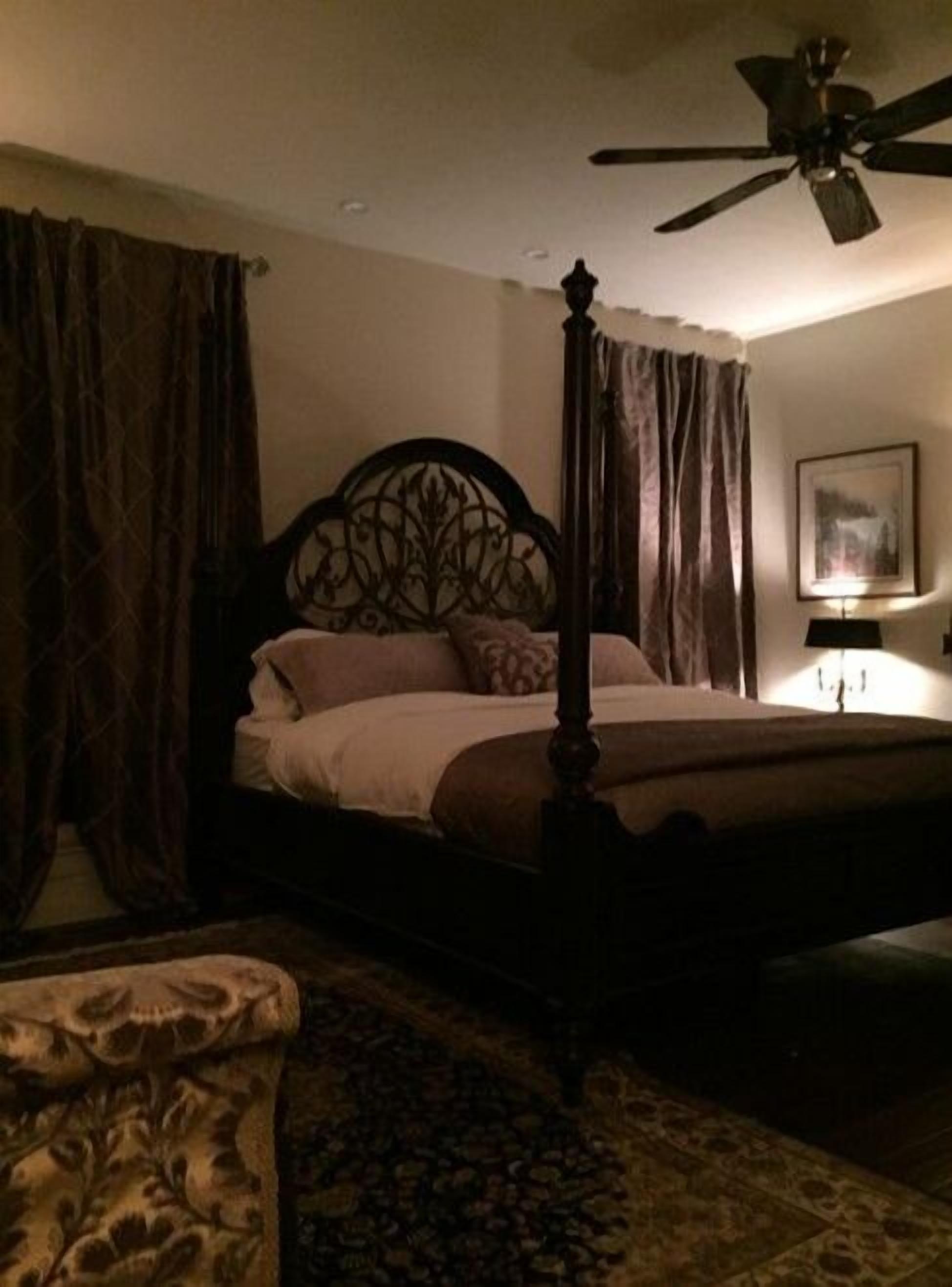 A four-poster bed with a dark headboard, a ceiling fan, and a lamp on a bedside table.